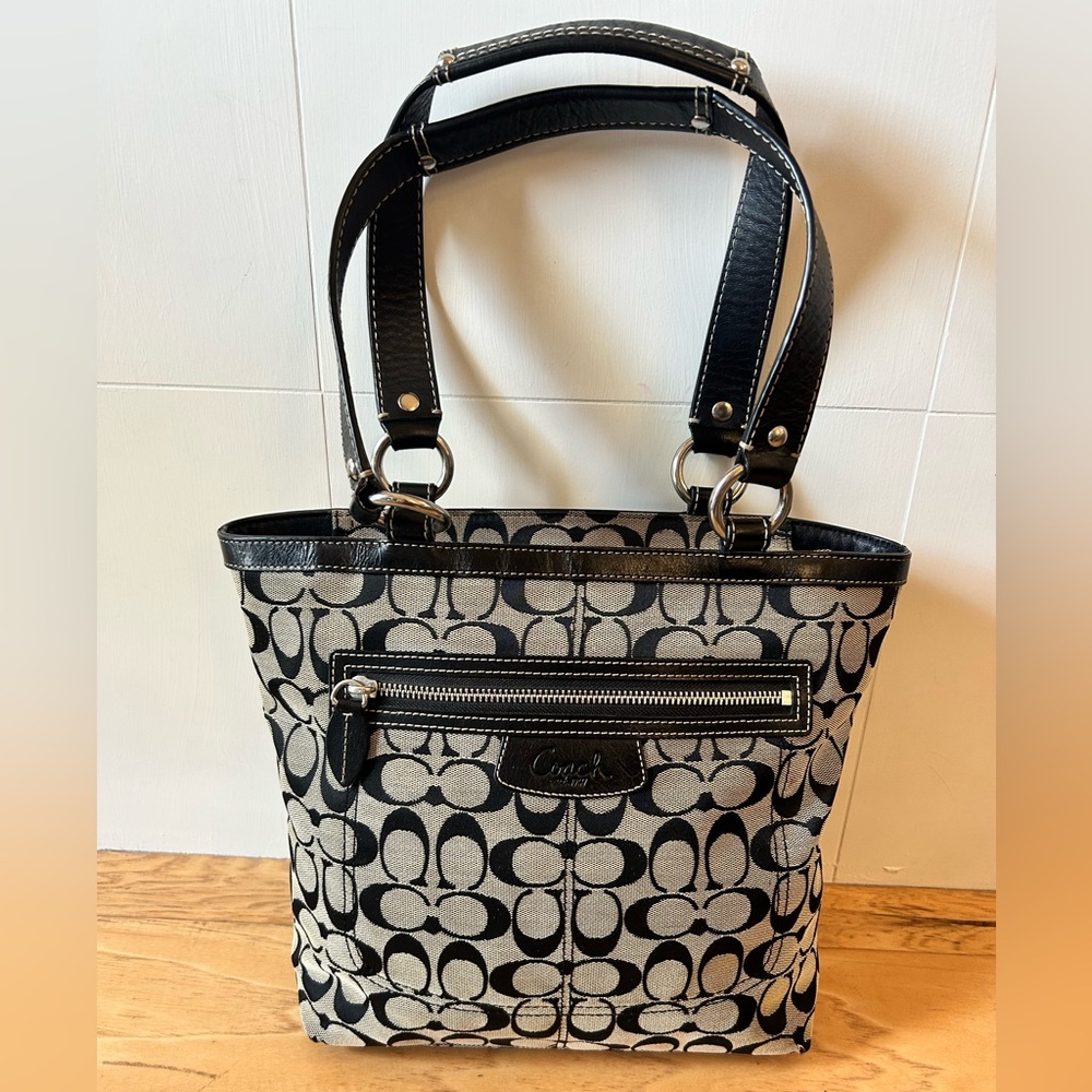 Coach Black and Beige Signature Canvas Shoulder Bag